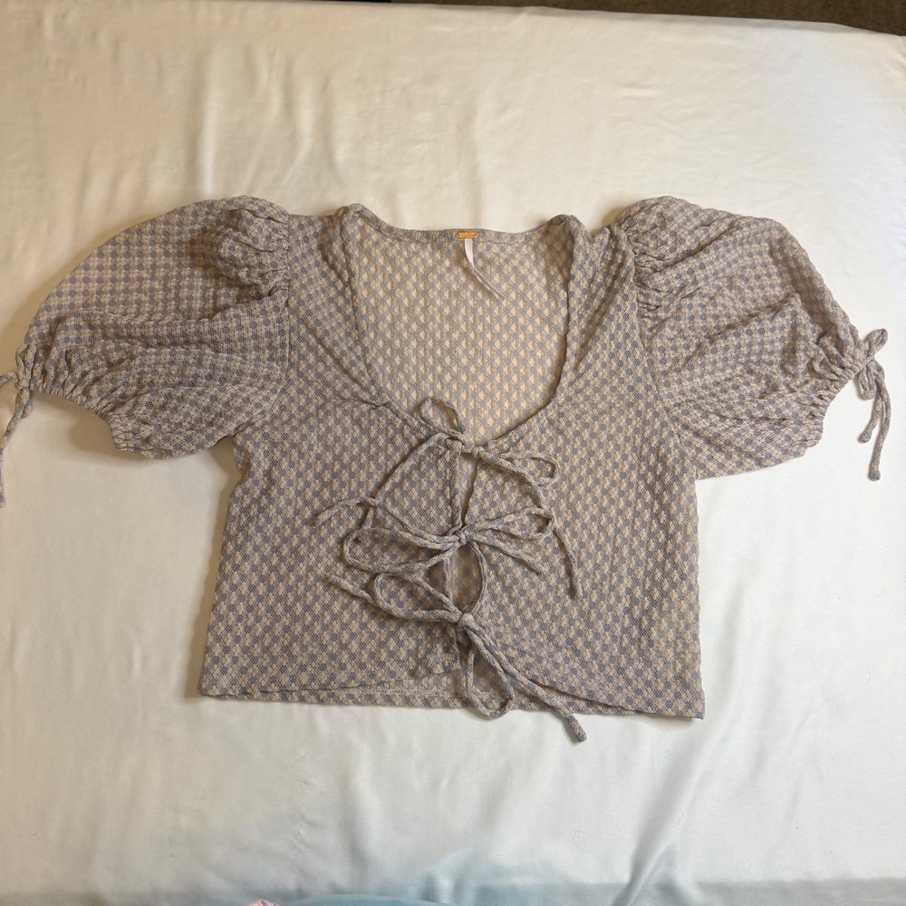 Free People Blue Gingham Tie Front Puff Sleeve Crop Top Small Coquette